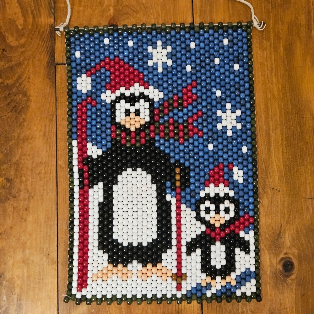 Vintage Handmade Christmas Penguin Beaded Wall Hanging Santa Hat Winter Decor